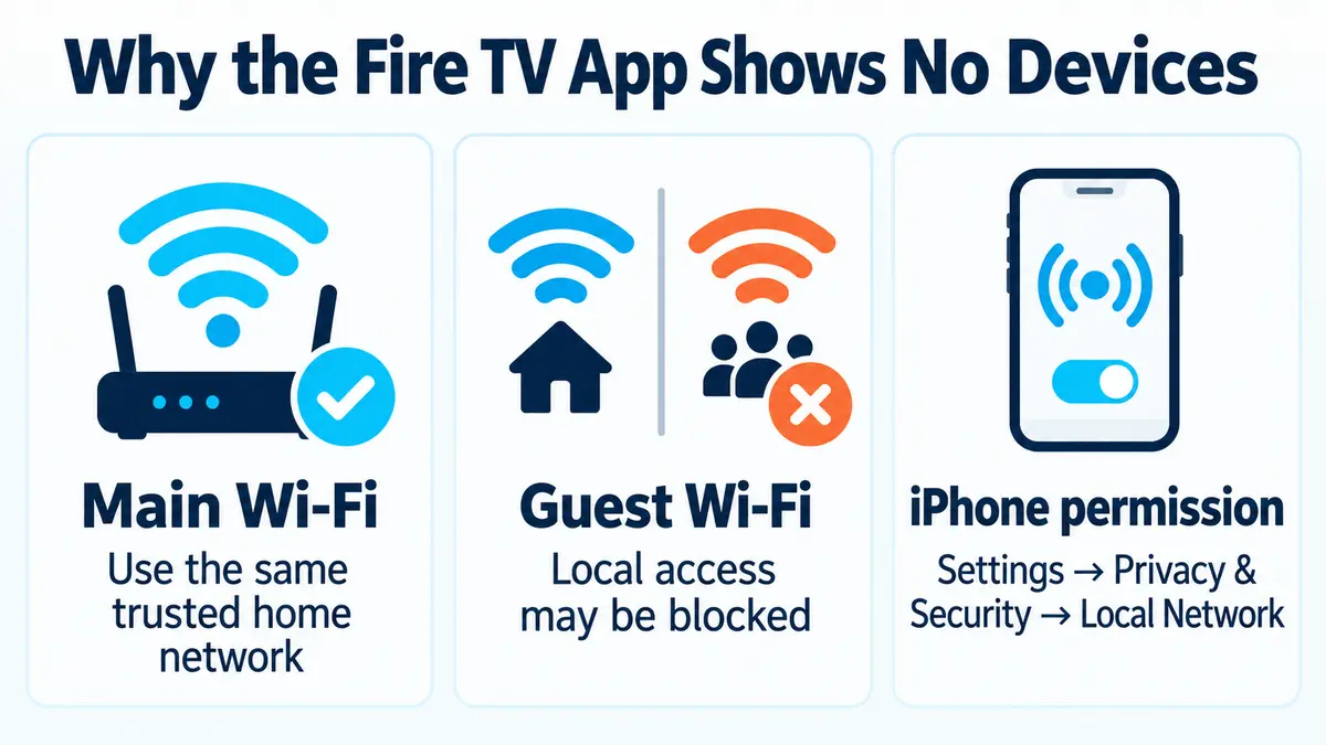 Fire TV app discovery checks for main Wi-Fi guest Wi-Fi and iPhone permission