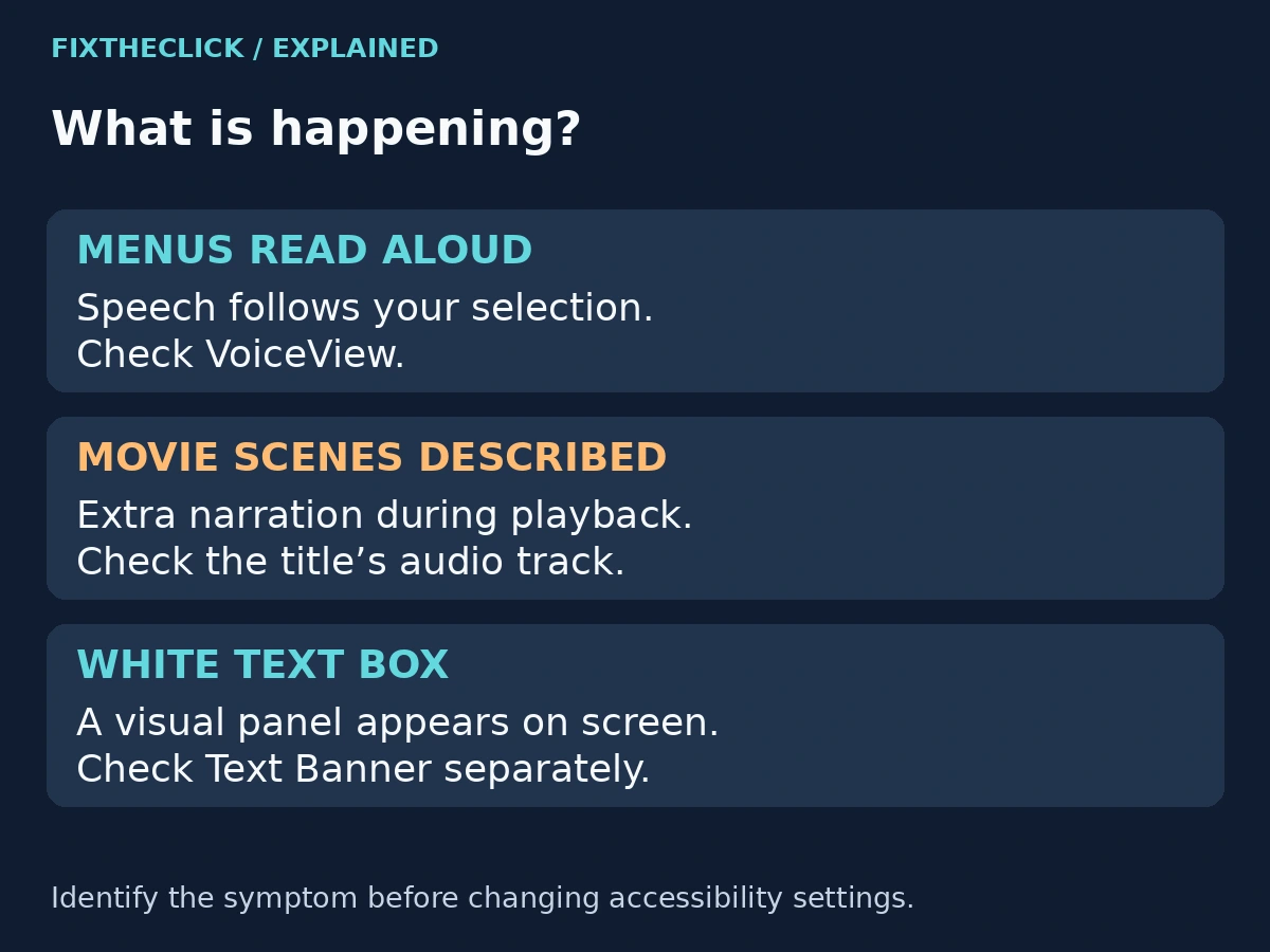 Fire TV narration symptoms separating menu speech, movie audio descriptions, and a visual Text Banner