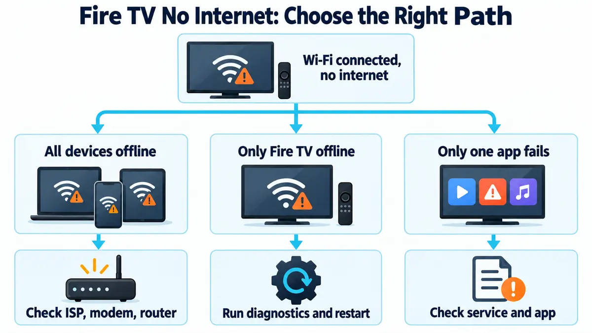 Fire TV no internet diagnostic flow for all devices one device or one app