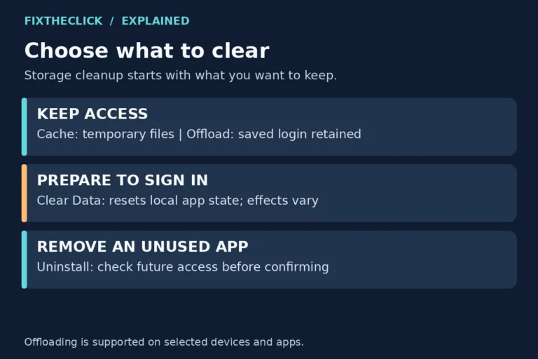 Fire TV low storage cleanup choices comparing cache, offload, Clear Data, and uninstall