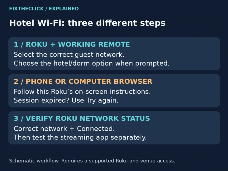 Roku Hotel and Dorm Connect workflow from selecting guest Wi-Fi to browser authentication and connected status