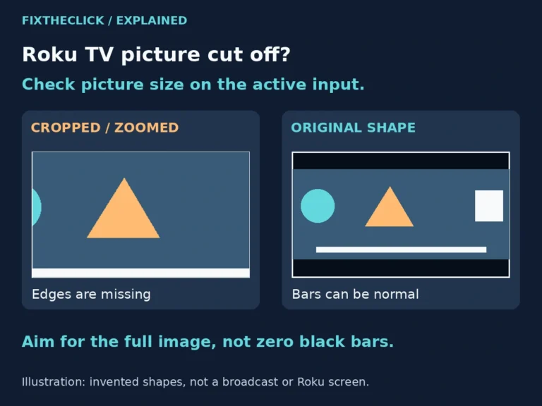Illustration comparing a cropped Roku TV picture with the full original image and normal black bars