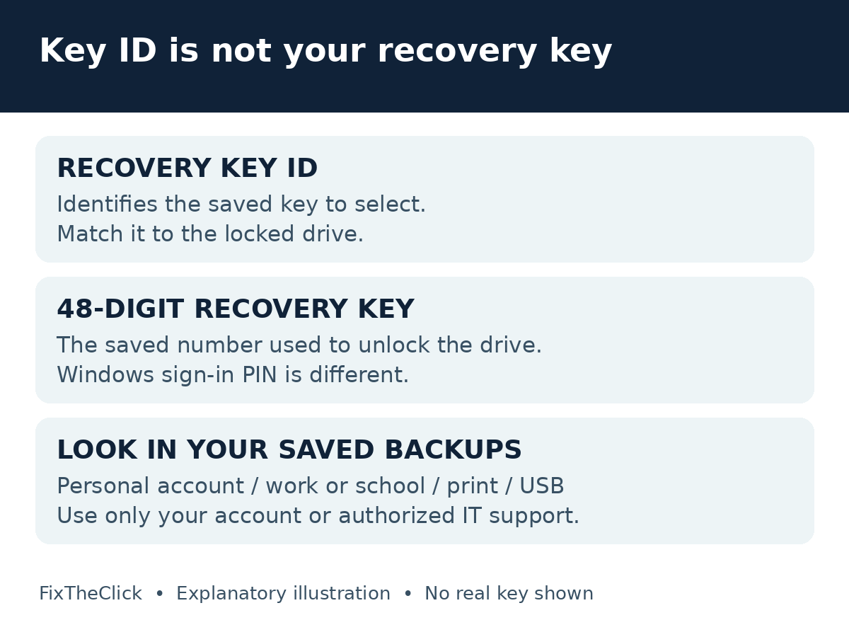 Difference between a BitLocker recovery key ID and the saved 48-digit recovery key