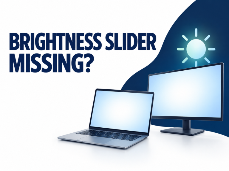 Missing brightness slider in Windows 11, illustrated with a laptop and external monitor.