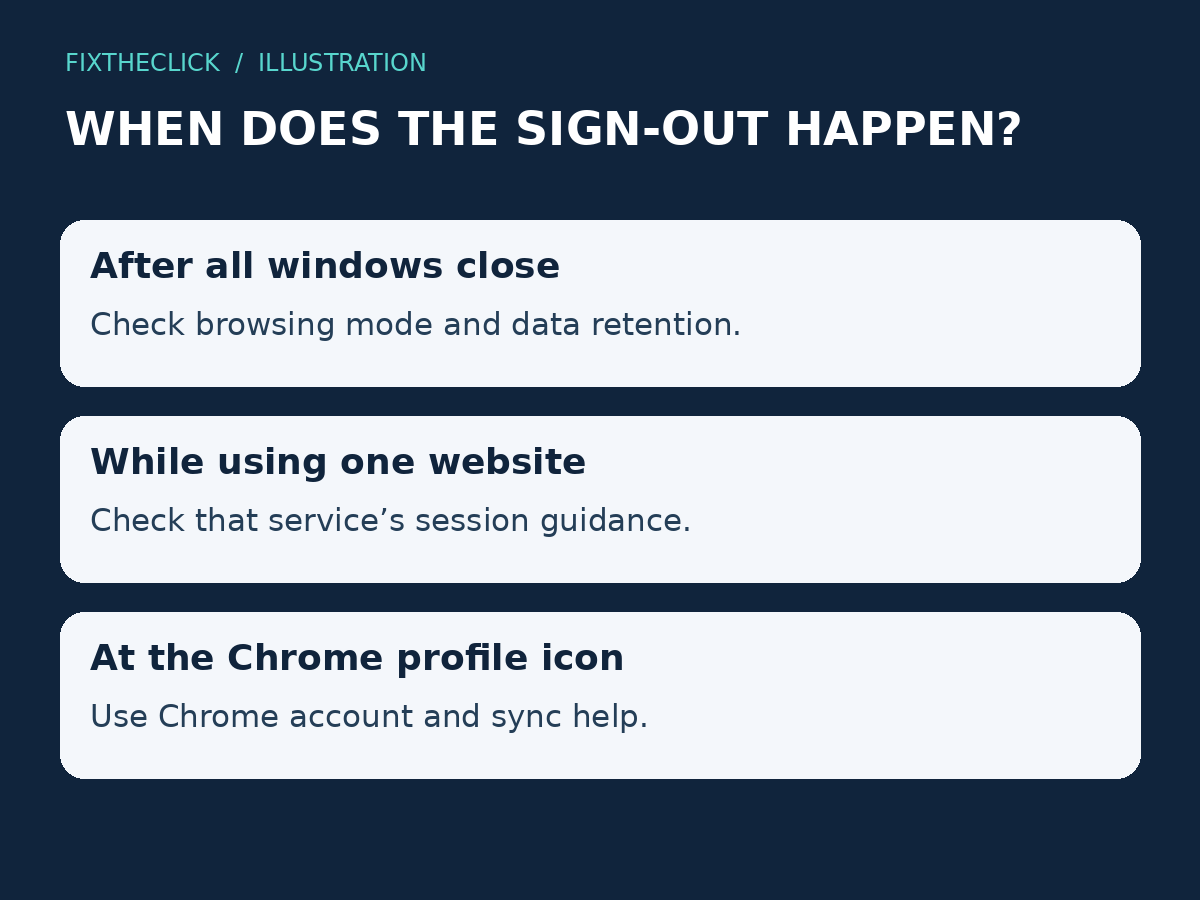 Chrome sign-out checks separated into window-close, one-site, and browser-profile issues