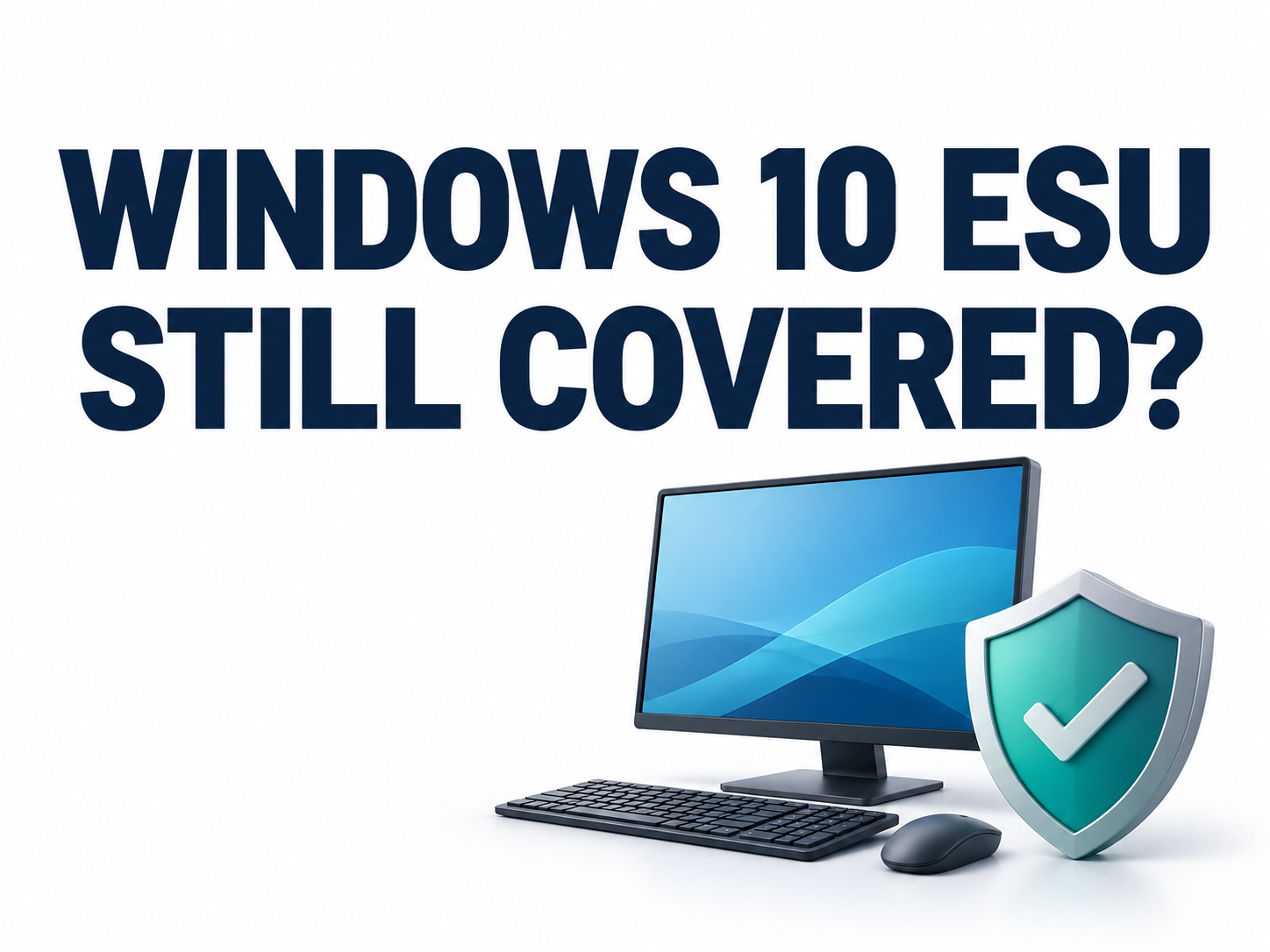 Windows 10 ESU coverage question illustrated with a desktop computer and shield.