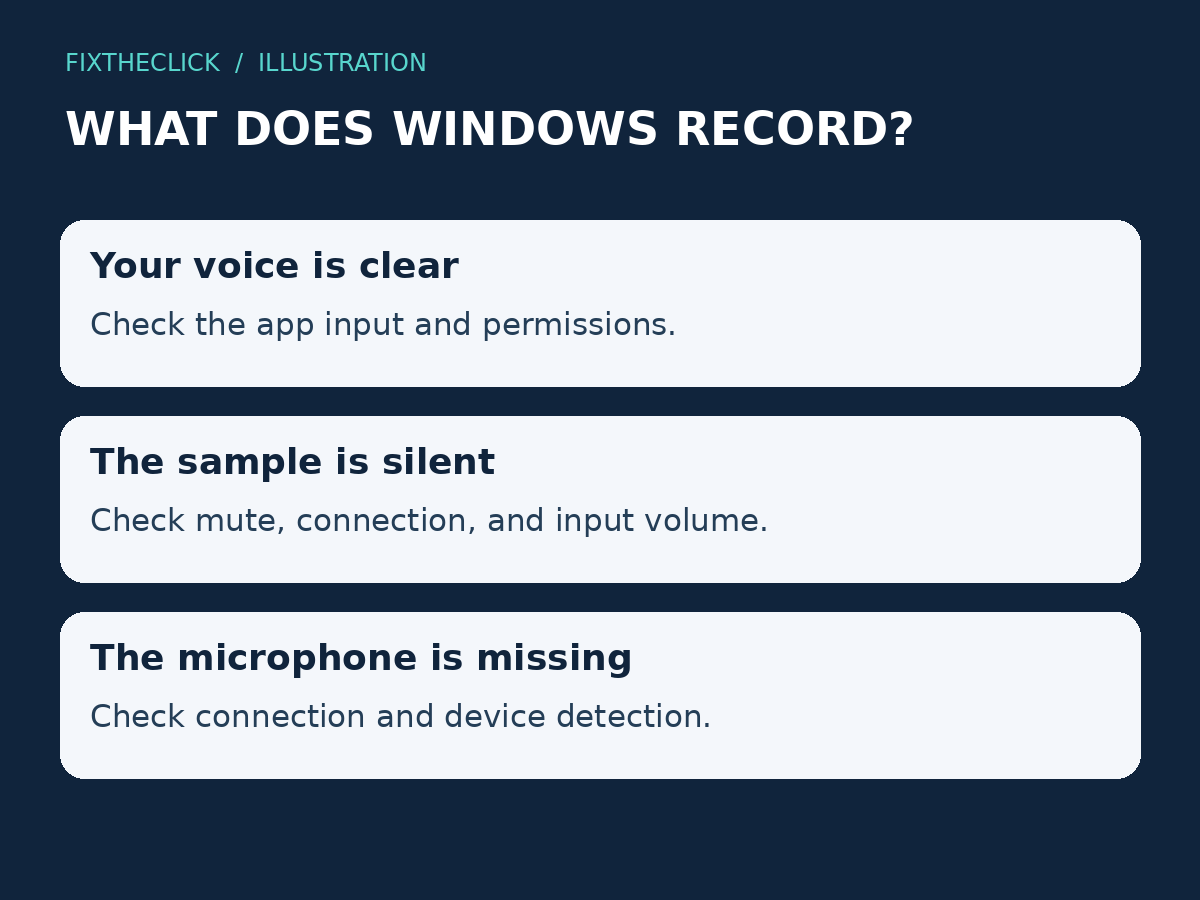 Windows microphone test branches for a clear recording, silence, or a missing input